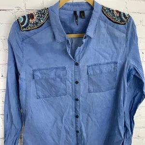 Blue denim shirt with beaded shoulders!